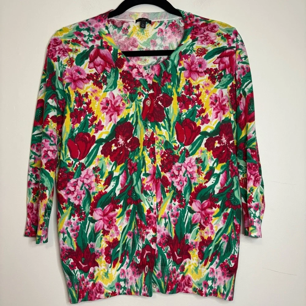 Talbots LP Petite Cardigan Bold Red Pink Yellow Green Floral Cotton Rayon